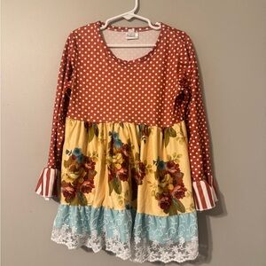 Floral Patchwork Kids Dress - Red, Yellow, Blue